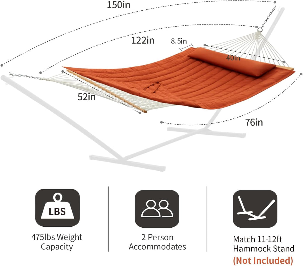 CHULIM Outdoor Double Hammock with Hardwood Spreader Bars, Large Rope Hammock with Polyester Pad and Pillow, 475 LBS Capacity for 2 Person Patio Backyard Poolside - Terracotta