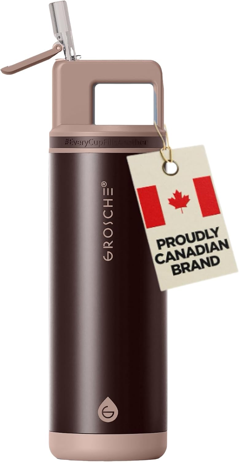 GROSCHE Alpine Shimmer Flip 'N Sip Water Bottle with Straw, Espresso, 20 oz