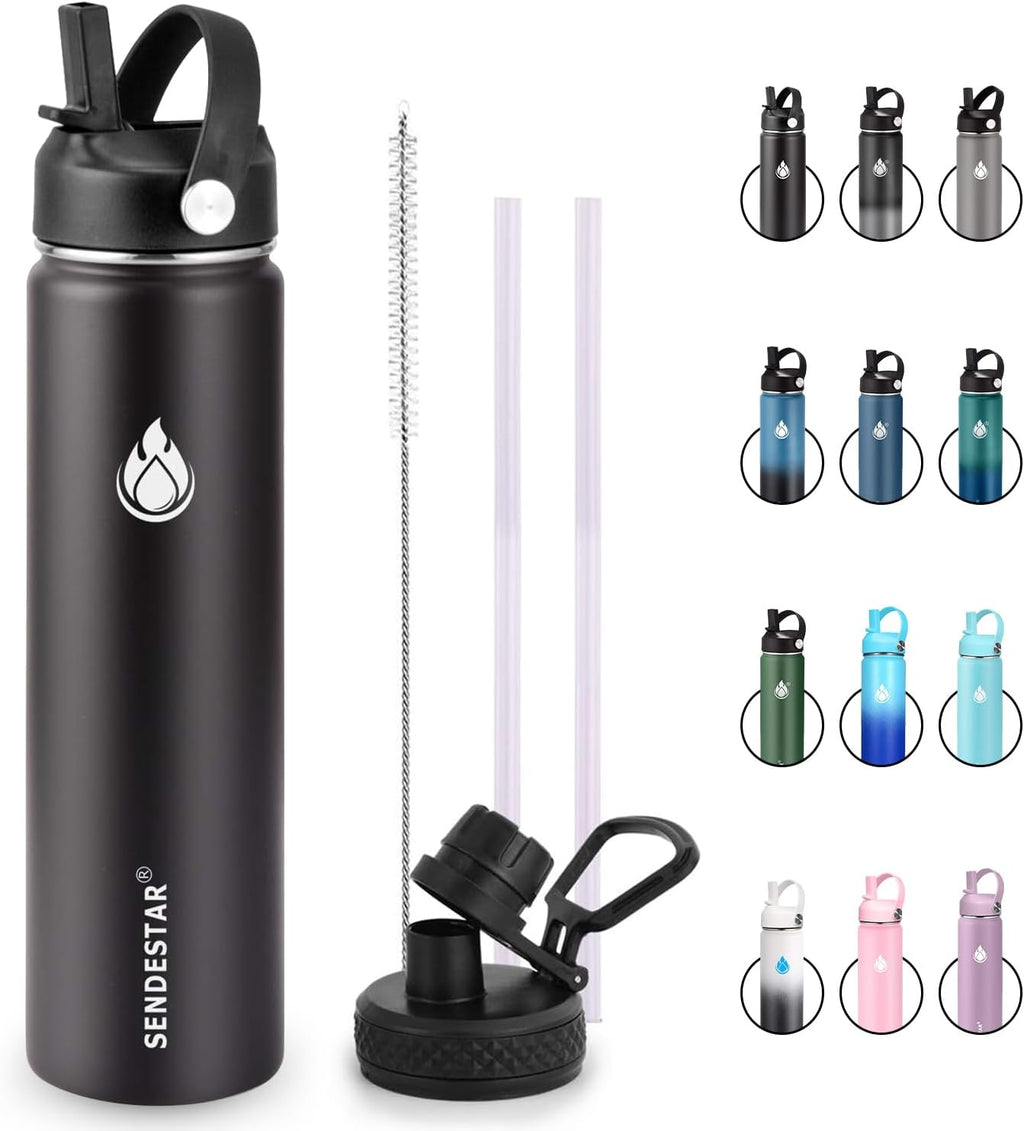 SENDESTAR Insulated Water Bottle 24 OZ, Wide Mouth 24 oz Water Bottle with Straw Lid, Spout Lid, Double Wall Vacuum Stainless Steel Leak Proof, Keeps Liquids Hot or Cold (Black)