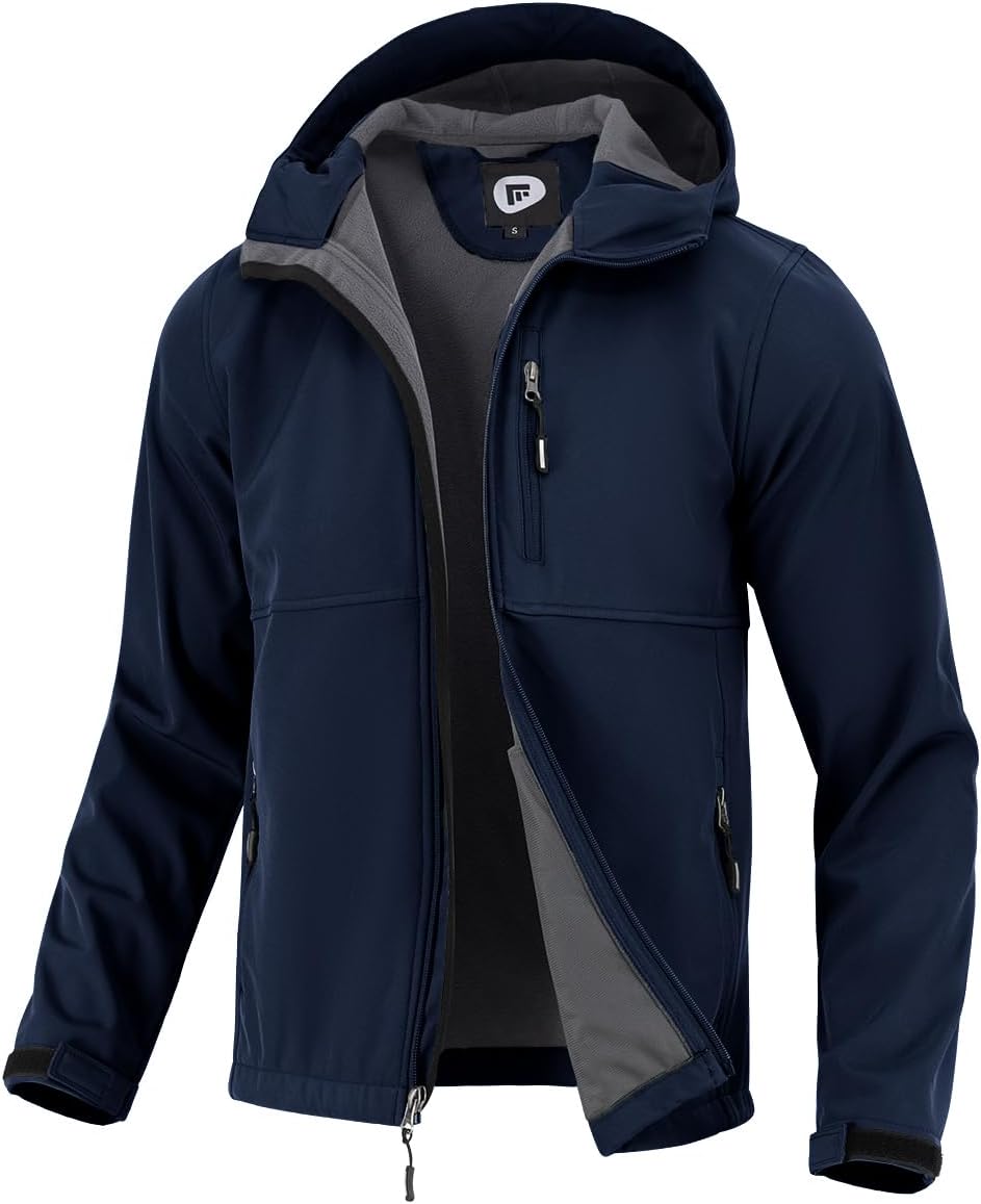 Garemcy Men's Insulated Softshell Jacket Water Resistant Lightweight Fleece Lined Windbreaker with Hood