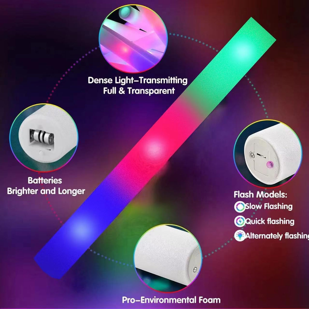 SHQDD 210 PCS Foam Glow Sticks with 3 Modes Colorful Flashing, Glow in Dark Party Supplies, Bulk for Wedding, Raves, Concert, Halloween, 4th of July