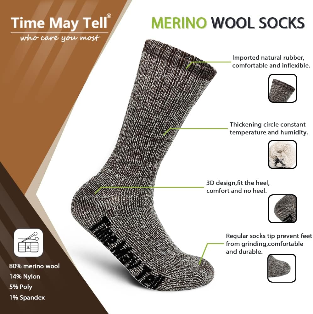 Time May Tell Mens Merino Wool Hiking Cushion Socks Thermal Warm Boot Socks