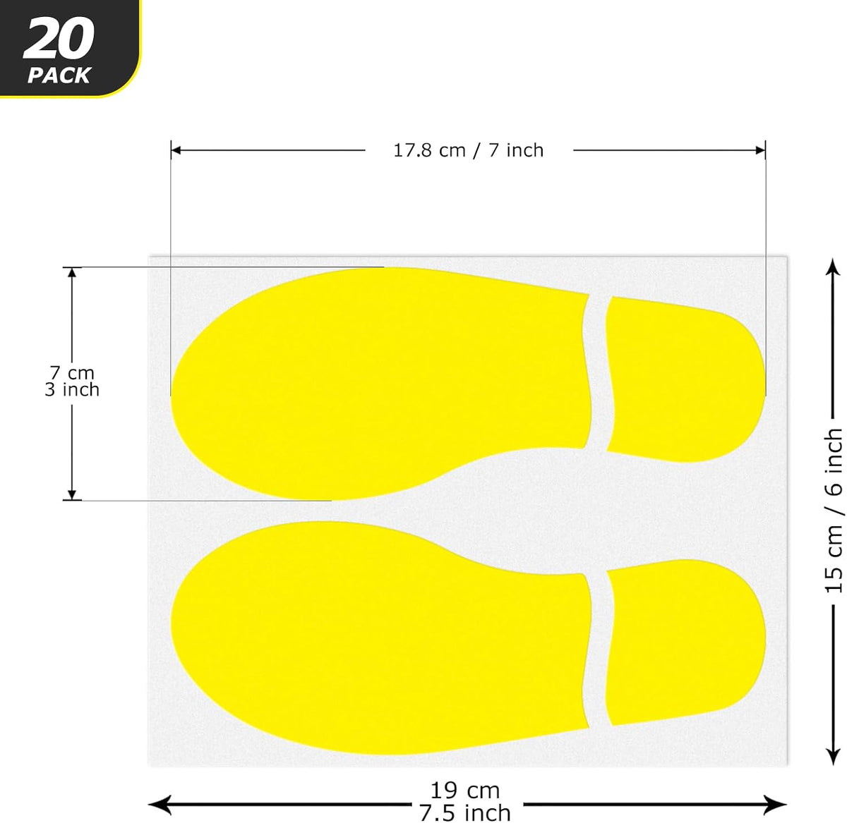 20 Pairs Yellow Footprint Stickers 3×7 in Classroom Floor Line Up
