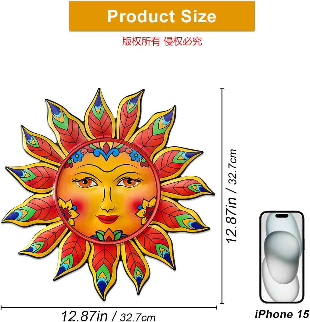 Metal Sun Flower Wall Decor,12.87 inches Sun Wall Art Hanging Decoration for Indoor and Outdoor, Garden Farmhouse Yard Patio Fence Living Room Bedroom Decor