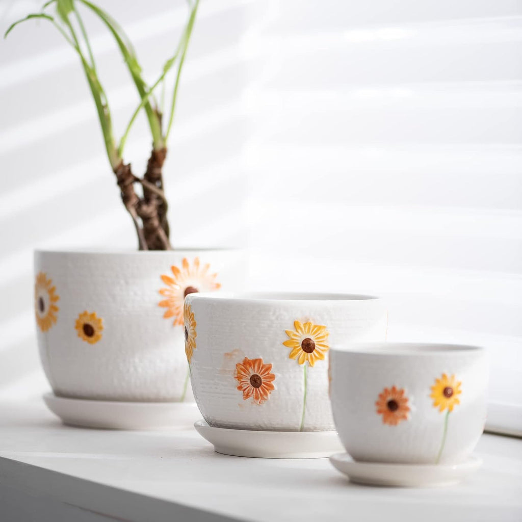 Ceramic Plant Pots,Sunflower Planters with Drainage Holes & Matching Saucer