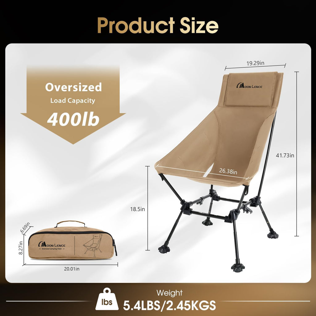 MOON LENCE Oversized High Back Camping Chair for Adults, Height Adjustable Folding Camp Chair | 400 lbs Capacity & 5.4 lbs Weight, Hidden Pillow Pocket Wide Seat for Camping Fishing Overlanding, Khaki