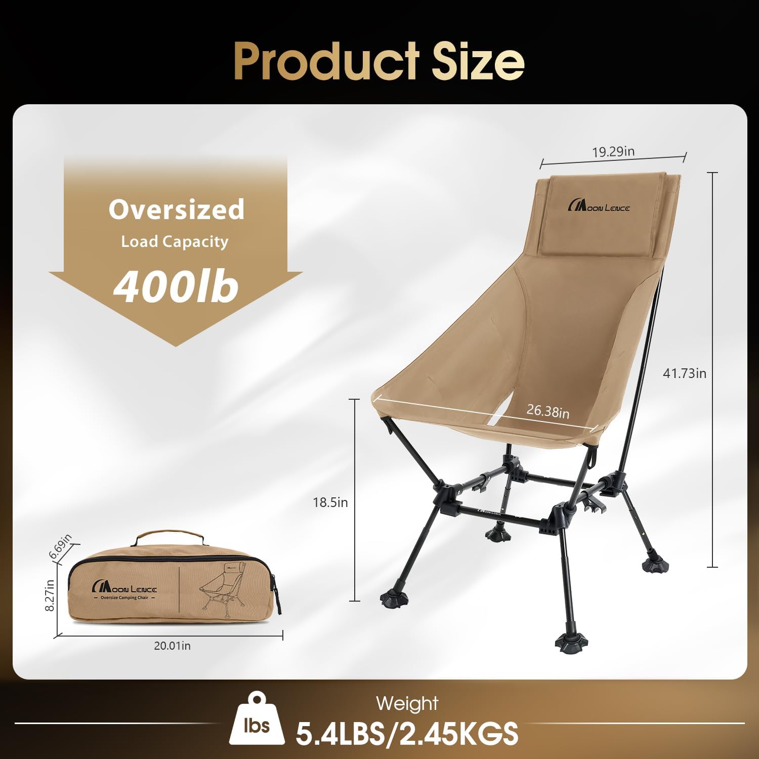 MOON LENCE Oversized High Back Camping Chair for Adults, Height Adjustable Folding Camp Chair | 400 lbs Capacity & 5.4 lbs Weight, Hidden Pillow Pocket Wide Seat for Camping Fishing Overlanding, Khaki