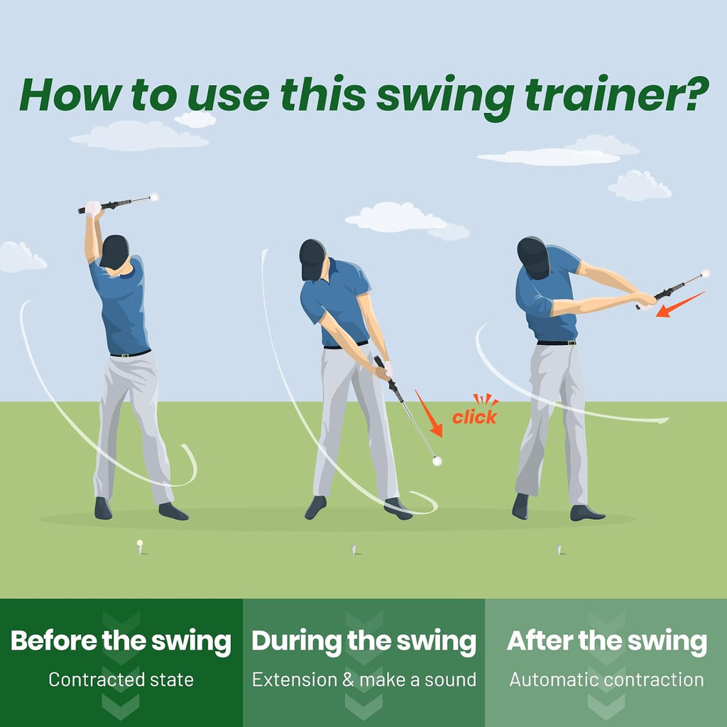 5-in-1 Retractable Golf Swing Trainer, Training Aid with Grip Trainer, Grip Correction for Beginners & Tempo Training for Advanced, Click Feedback, Right/Left-Handed