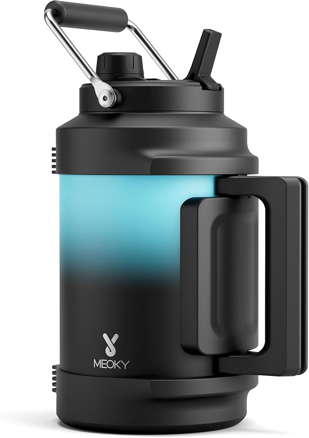 1 Gallon Insulated Water Bottle for Sports: Meoky 128 oz Triple Wall Vacuum Stainless Steel Water Jug - Top and Side Handles, Cold for 48 Hrs, 2-in-1 Straw and Spout Lid, Leak Proof for Hiking (Cyan)