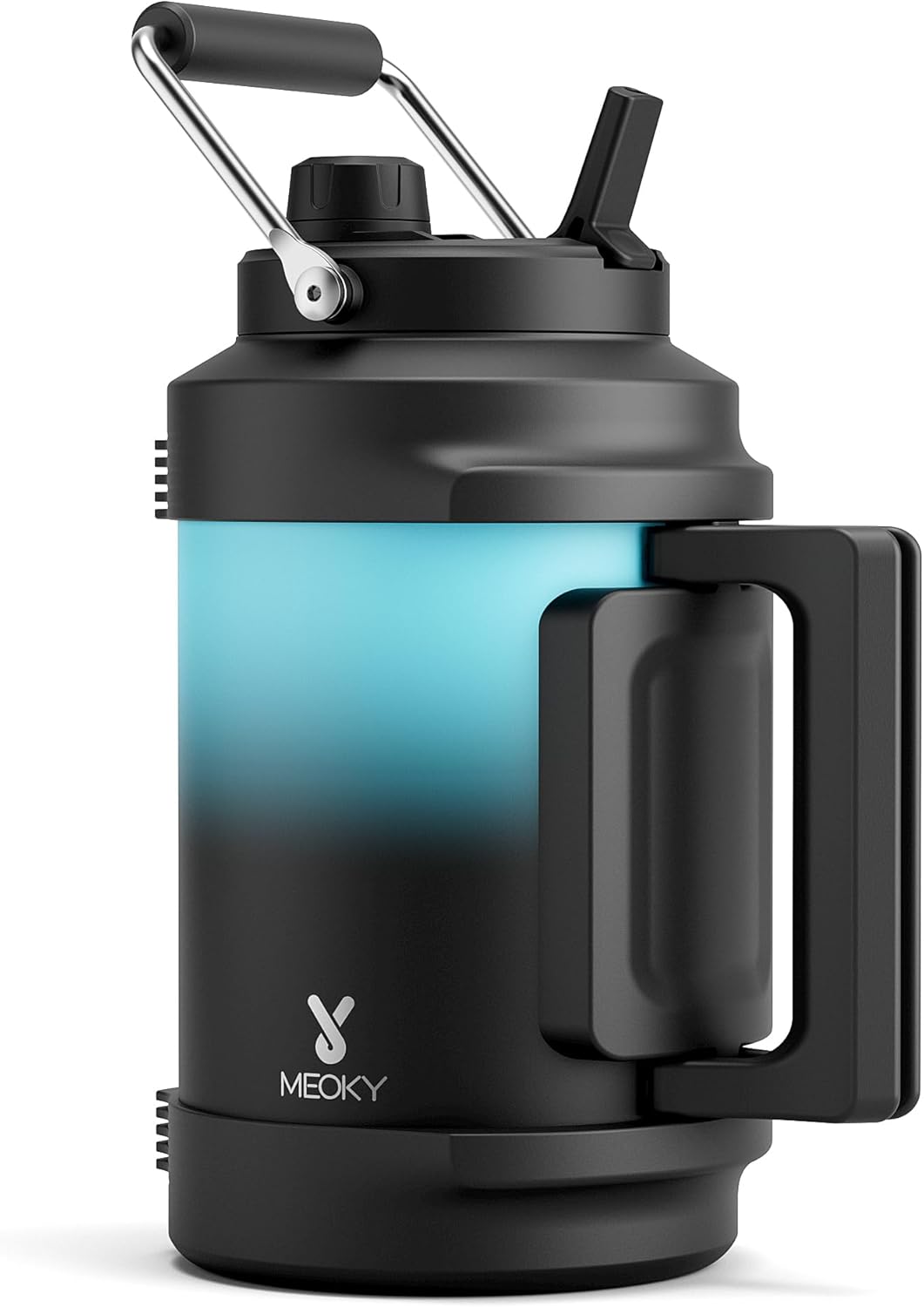 1 Gallon Insulated Water Bottle for Sports: Meoky 128 oz Triple Wall Vacuum Stainless Steel Water Jug - Top and Side Handles, Cold for 48 Hrs, 2-in-1 Straw and Spout Lid, Leak Proof for Hiking (Cyan)