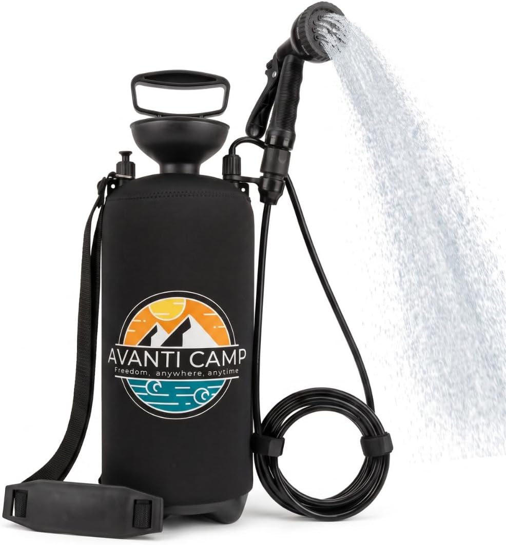 2.1 Gallon Pressurized Portable Camping Shower | 10-Mode Spray Head | Premium Neoprene Insulated Sleeve & Padded Shoulder Strap | Rinse Kit for Surf, Sand, RV, Road Trips & Pets | Black