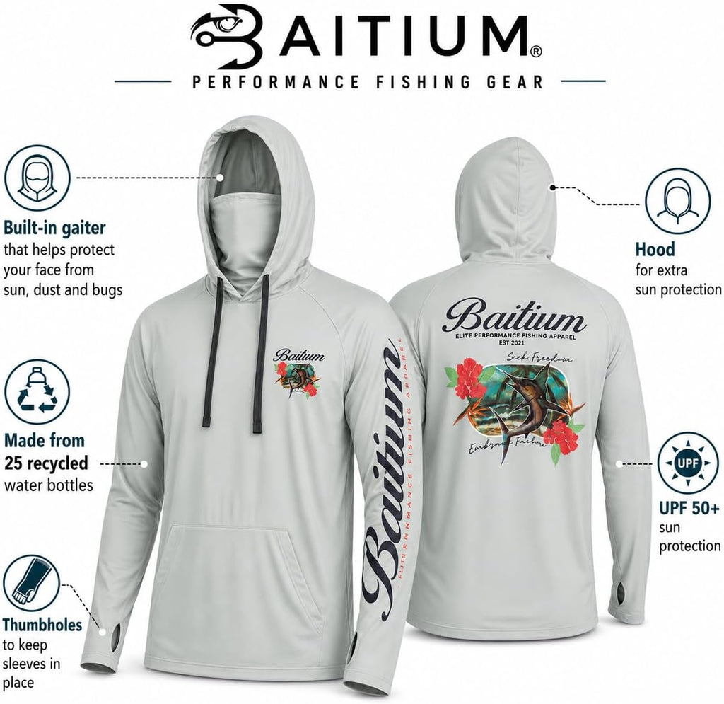 Fishing Shirts for Men,UPF50 Hooded Long Sleeve with Gaiter, Sun Protection Dry Fit Apparel, Face Mask, Fishing Clothes