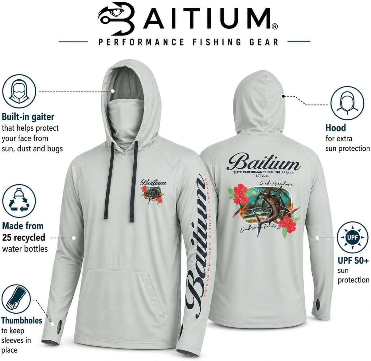Fishing Shirts for Men,UPF50 Hooded Long Sleeve with Gaiter, Sun Protection Dry Fit Apparel, Face Mask, Fishing Clothes