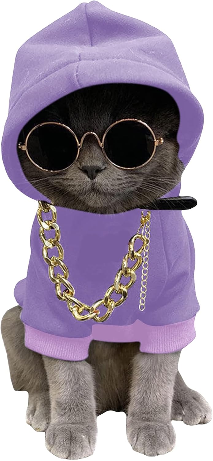 QWINEE 3Pcs Dog Hoodie Cat Apparel Dog Custume Set with Necklace and Sunglasses Pet Clothes for Puppy Small Medium Dogs Cats Green X-Small