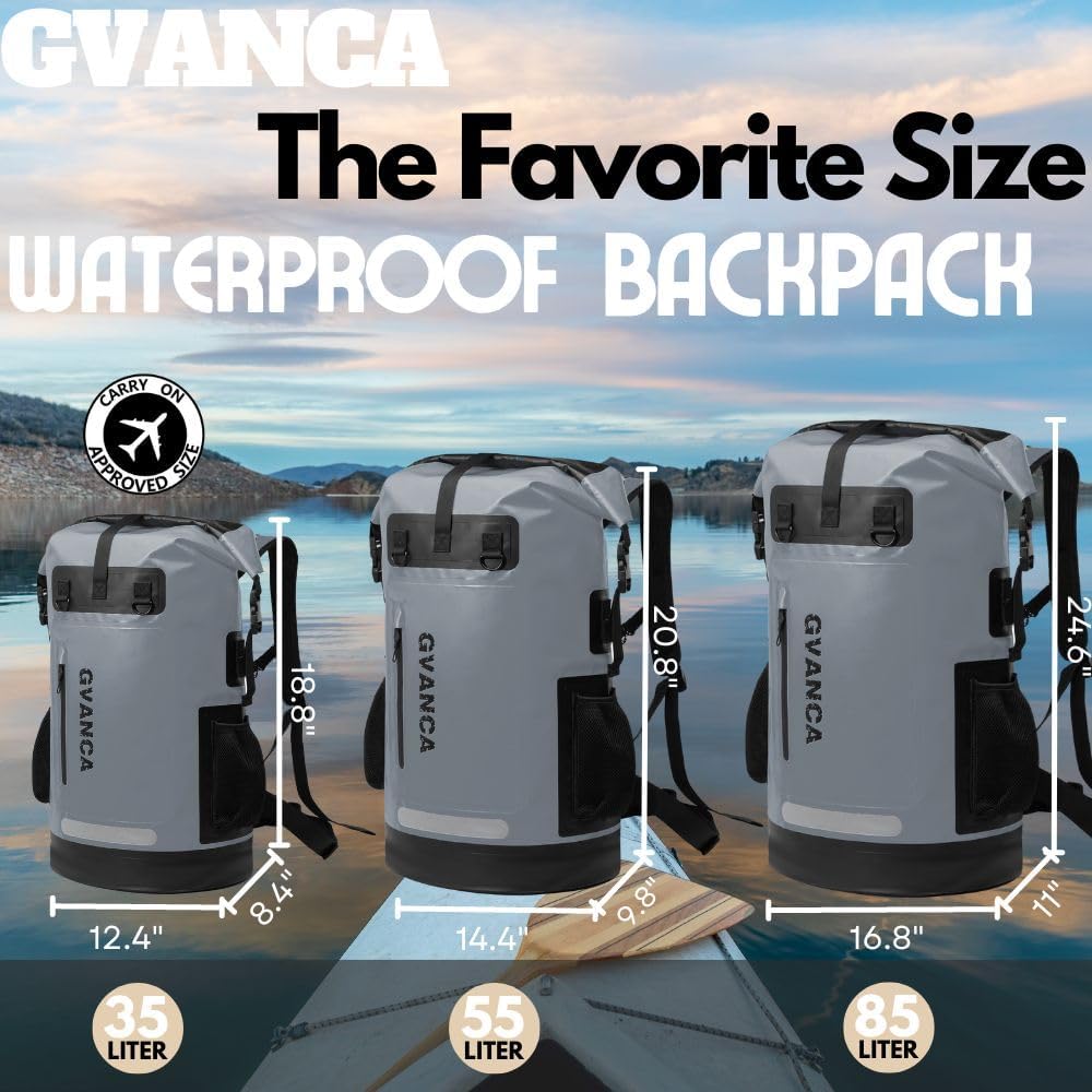 Waterproof Roll Top Kayak Dry Backpack, Floating Outdoor Dry Sack Boating Sailing Canoeing Rafting Fishing Camping 35L Grey