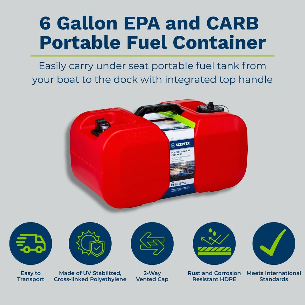 Scepter 6 Gallon Portable Marine Gas Can, Boat Fuel Tank with Top Handle