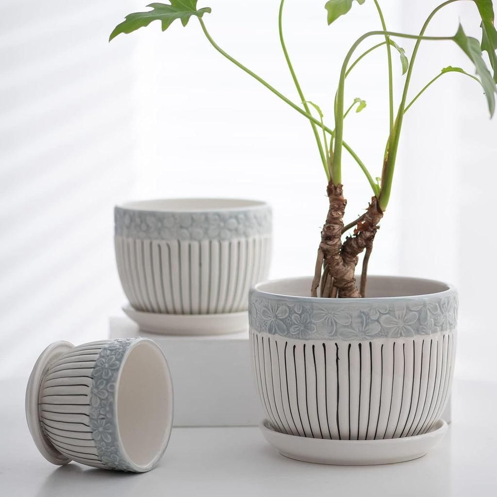 Gray Flower Pots, Texture Ceramic Plant Pots for Indoor Plants Set of 3