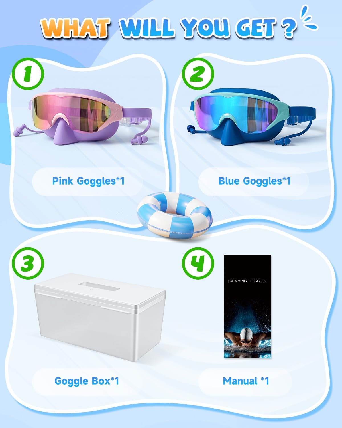 Zoomsnail Kids Swim Goggles with Nose Cover, Leakproof Anti-fog UV Lens Toddlers Swimming Goggles for Kids 3-15 Boys & Girls