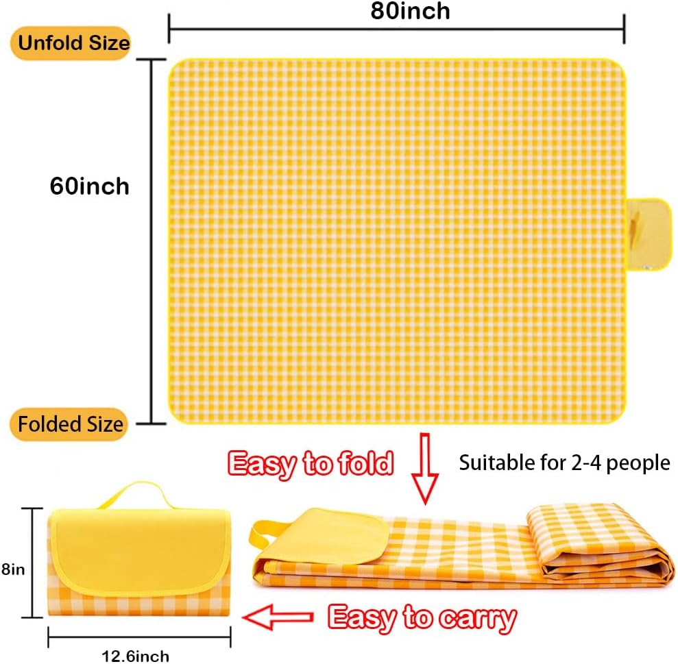 RUIBOLU Beach Blanket Large Picnic Blankets, 80x60in Sandproof Beach Mat for 2-4 Adults Waterproof Quick Drying Outdoor Picnic Mat for Travel Camping Hiking Festival Park Lawn (Yellow Plaids)