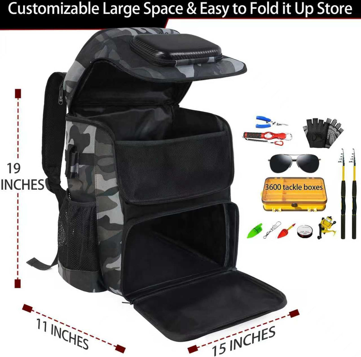 Fishing Backpack with Rod Holder, Large 50L Tackle Bag Water Resistant Tackle Backpack Heavy Duty Fishing Bag Gift for Men Woman