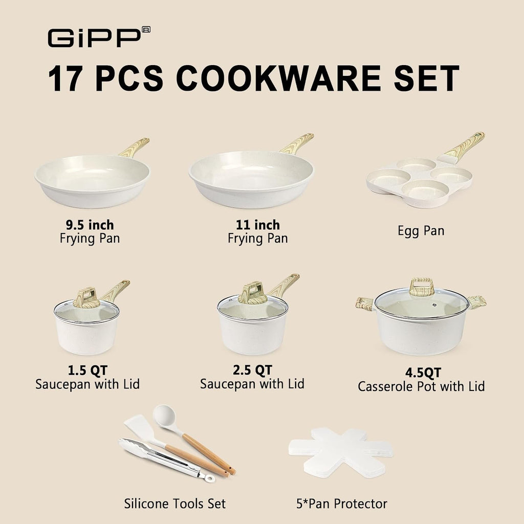 GiPP Ceramic Pots and Pans Set Non Stick - 17 Pcs Nonstick Cookware Set, Non-toxic Healthy Kitchen Cooking Set/Frying Pans Set, Dishwasher Safe, PFAS PTFE PFOA PFOS Free, Cream White