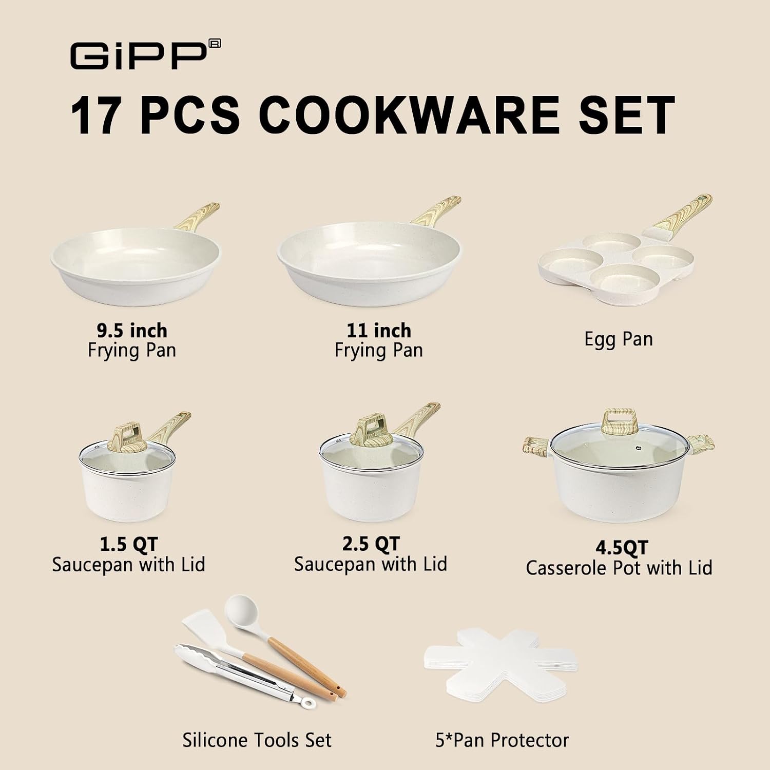 GiPP Ceramic Pots and Pans Set Non Stick - 17 Pcs Nonstick Cookware Set, Non-toxic Healthy Kitchen Cooking Set/Frying Pans Set, Dishwasher Safe, PFAS PTFE PFOA PFOS Free, Cream White