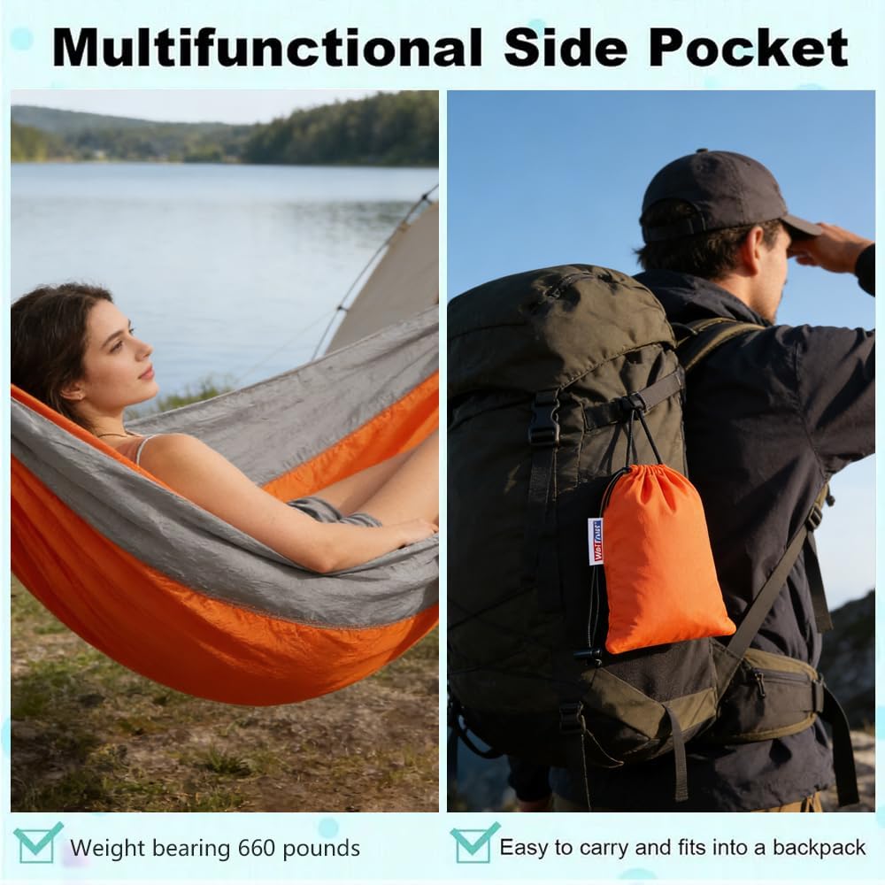 Camping Hammock, Portable Hammocks with Tree Straps & Attached Carry Bag, Travel Tree Hammocks for Outside Indoor Hiking Beach Backpack Travel(Orange, Nylon)