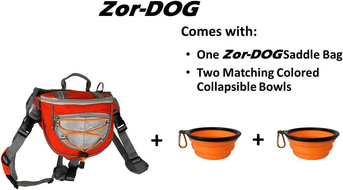 Saddlebag Back Pack & Harness Combo for Dogs 30-100+ lbs. Perfect for Travel, Trail Hiking, & Camping. Reflective, Lightweight, & Comfortable. Comes with Two Collapsible Bowls (Large, Orange)