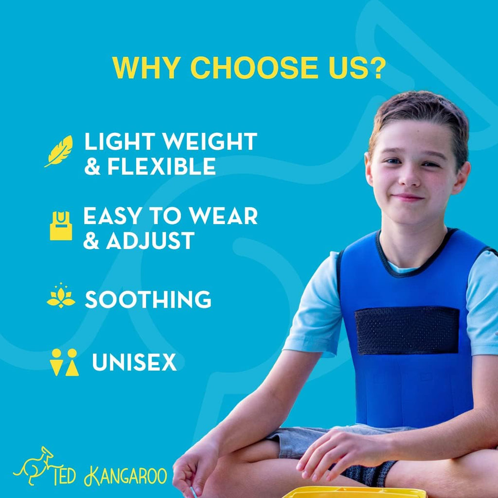 Ted Kangaroo Weighted Vest for Kids Sensory Compression Vest Deep Pressure Comfort (Blue)
