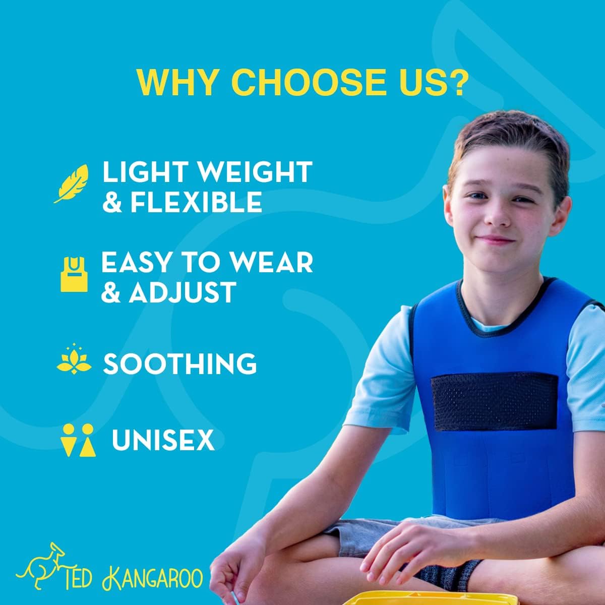 Ted Kangaroo Weighted Vest for Kids Sensory Compression Vest Deep Pressure Comfort (Blue)