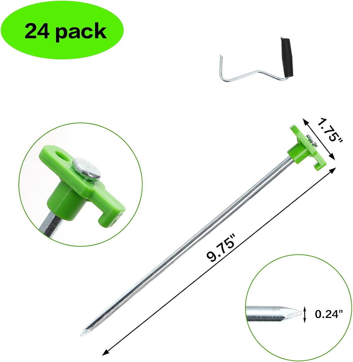 Yesland 24 Pack Heavy Duty Tent Stake with Pull Hook, 10 Inch Non-Rust Metal Tent Pegs Ground Yard Tent Spikes, Galvanized Iron, Green, for Patio, Garden, Canopies, Grassland, Outdoor, Hiking, Camping