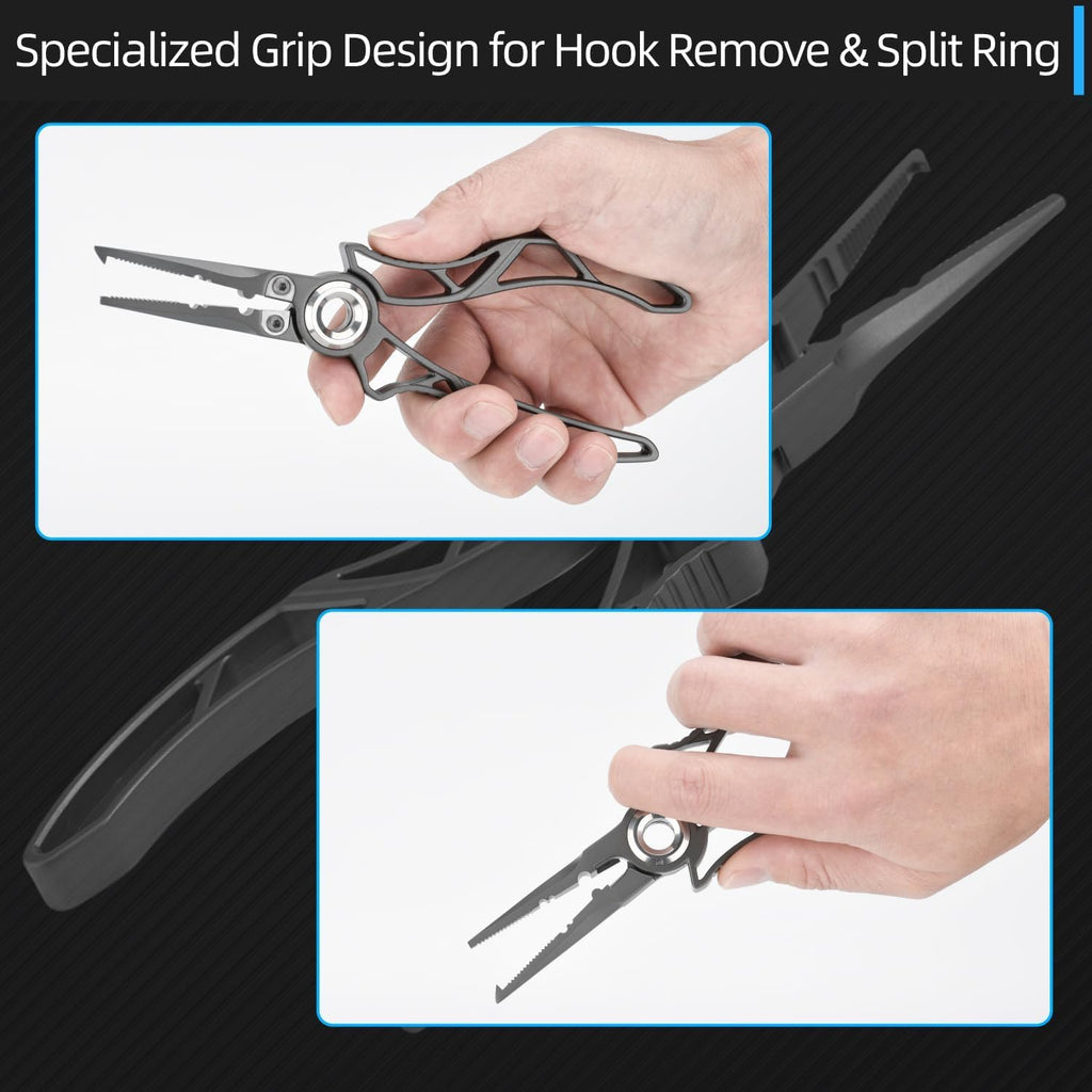 Gomexus 7 Inch Fishing Pliers and Titanium Plating, Saltwater Resistant Fishing Gear, Line Cutter, Hook Remover, Stainless Steel Split Ring Pliers with Carbide Blade-EXOSKELETON 7"