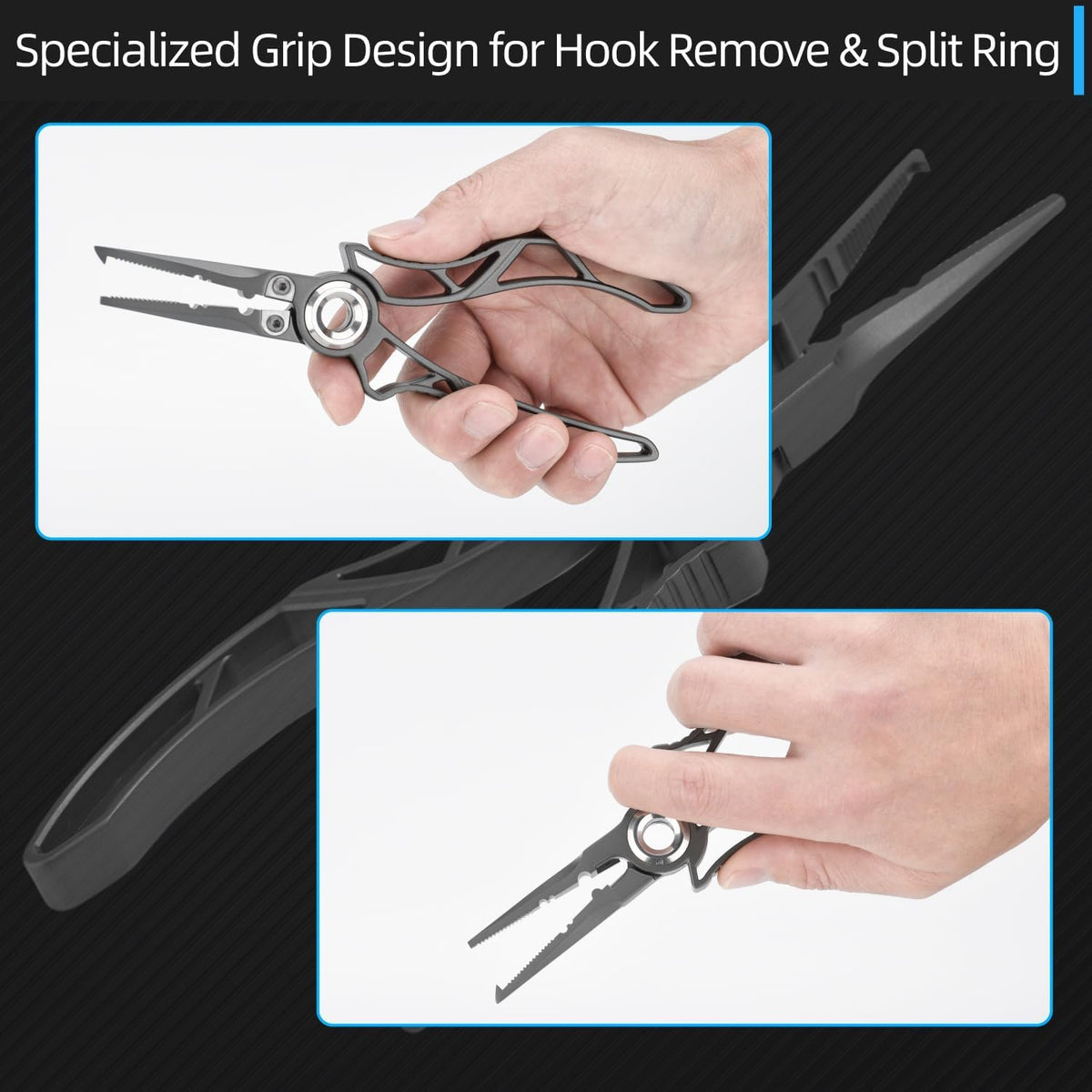 Gomexus 7 Inch Fishing Pliers and Titanium Plating, Saltwater Resistant Fishing Gear, Line Cutter, Hook Remover, Stainless Steel Split Ring Pliers with Carbide Blade-EXOSKELETON 7"