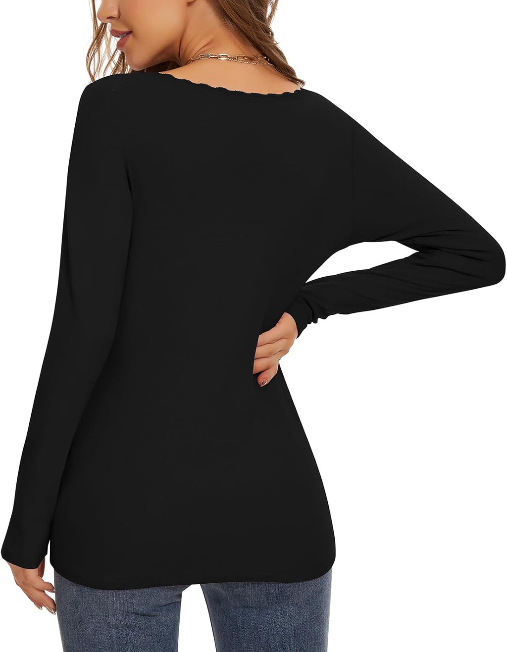 WOWENY Women Thermal Long Sleeve Shirt Fleece Lined Basic Fitted Tops Lace V Neck Undershirts Winter Tight Base Layer