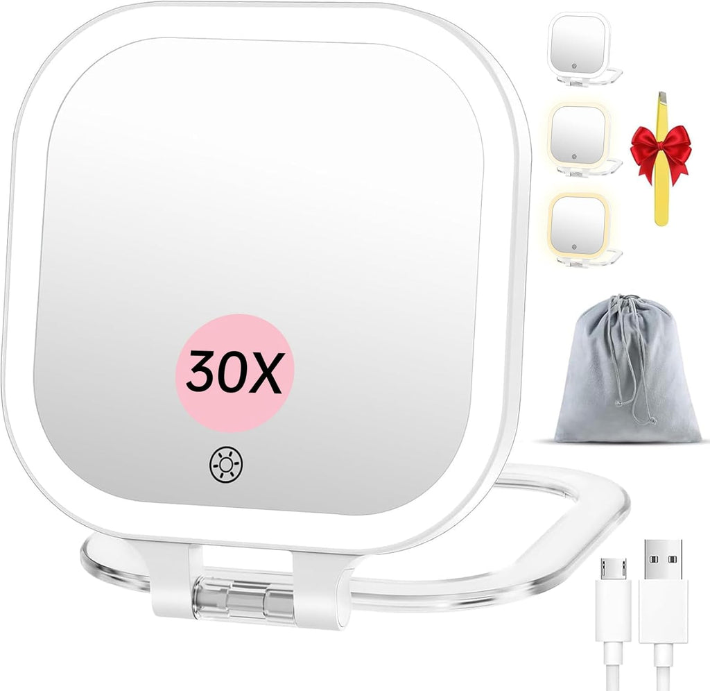 FASCINATE 7" Rechargeable Travel Makeup Mirror 30X Magnification(White+Bag)