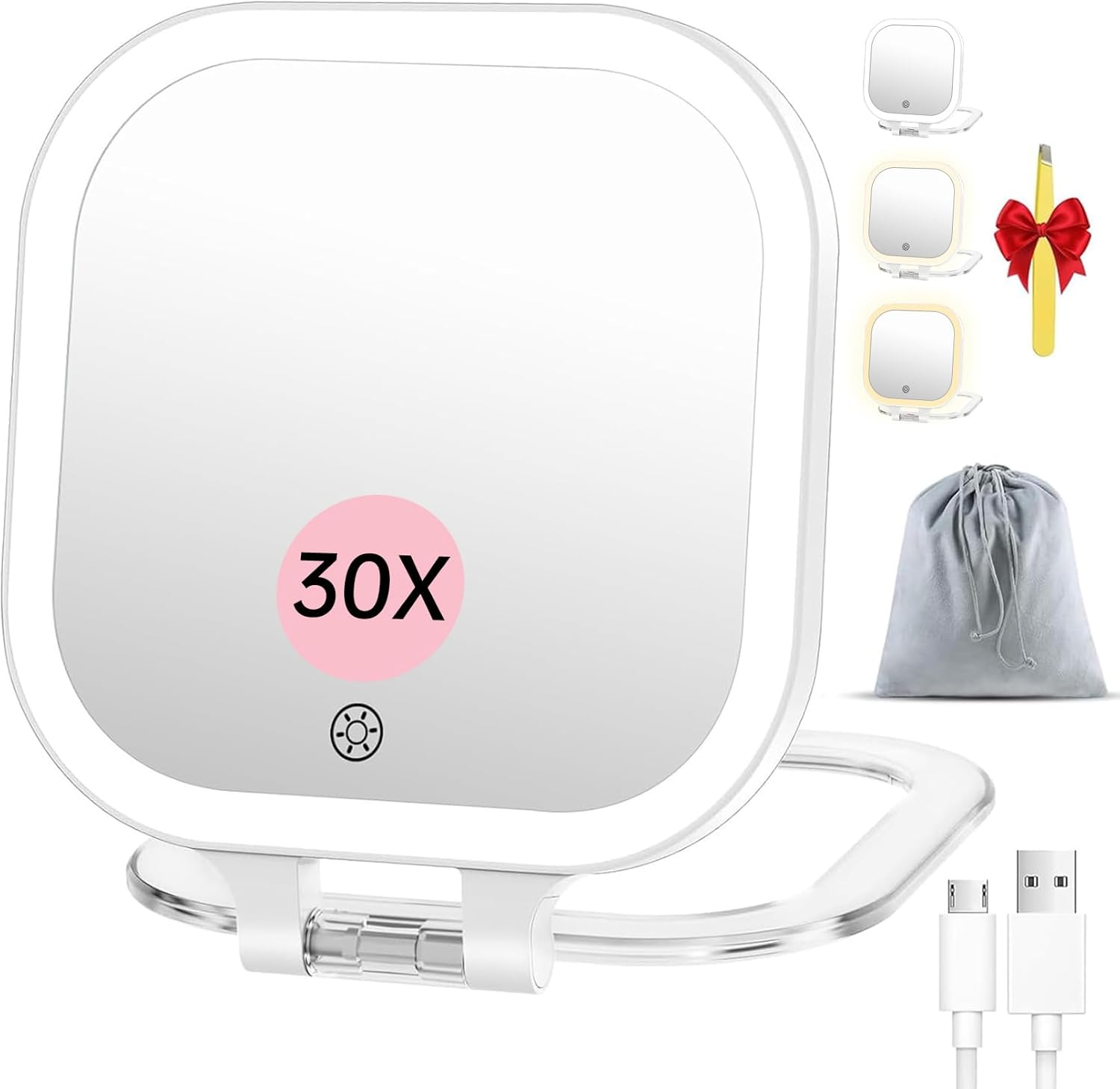 FASCINATE 7" Rechargeable Travel Makeup Mirror 30X Magnification(White+Bag)
