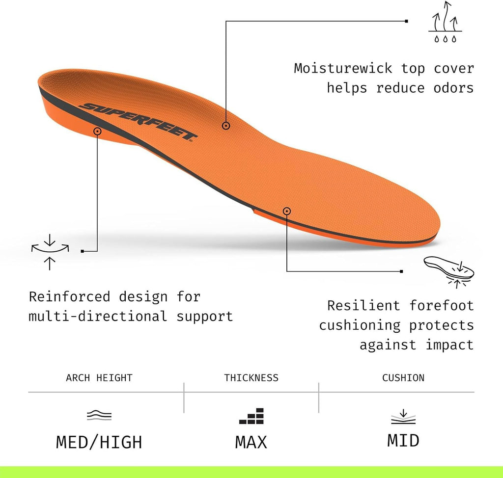 Superfeet All-Purpose High Impact Support Insoles (Orange) for Active Lifestyle with High Arch Support - Men 13.5-15