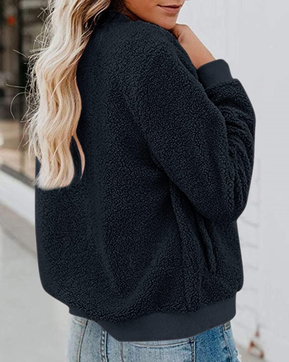 MIROL Women's Fall Fleece Bomber Jacket Trendy Sherpa Winter Coat Fuzzy Casual Long Sleeve Zip Up Loose Fit Jackets