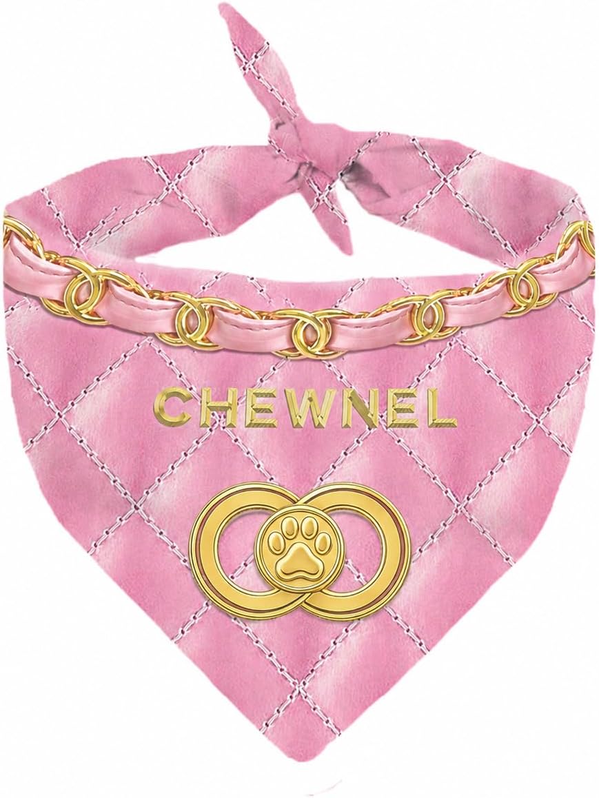Chewy Vuiton Dog Bandana Designer Fashion Scarf Kerchief for Small Medium and Large Dogs, Funny Parody Gift for Girl or Boy Dog, Soft Durable Fabric, Adjustable Tie-On Style Triangle