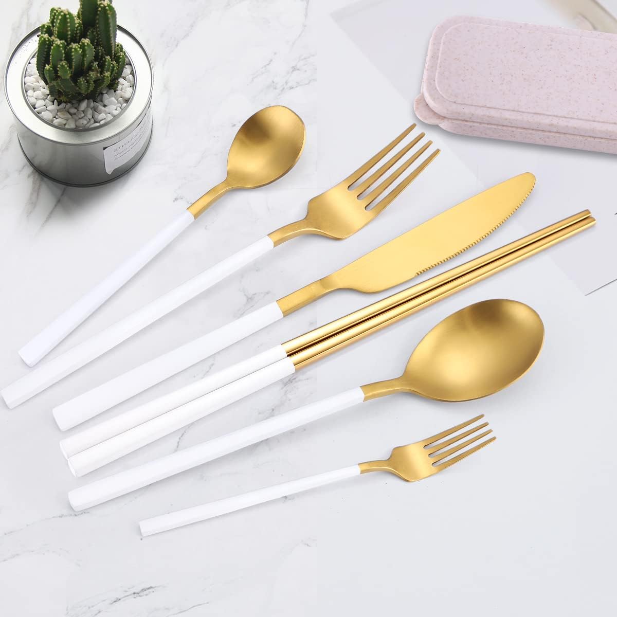 AARainbow 8 Pieces Stainless Steel Flatware Set Portable Reusable Cutlery Set Travel Utensils Set Including Chopsticks Knife Fork Spoon Straws Cleaning Brush Dishwasher Safe (B-White Golden)