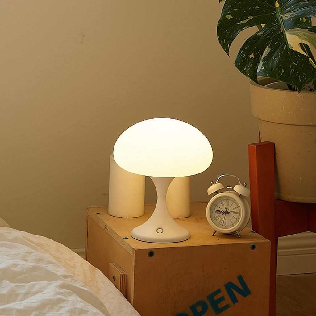 MAGCHARM Mushroom Lamp, 5W LED Cordless Rechargeable Table Lamp with Glass Shade, Small Retro Dimmable Touch Light with 3 Color Temps, Aesthetic Mid Century Bedside Light for Bedroom Ambient, White