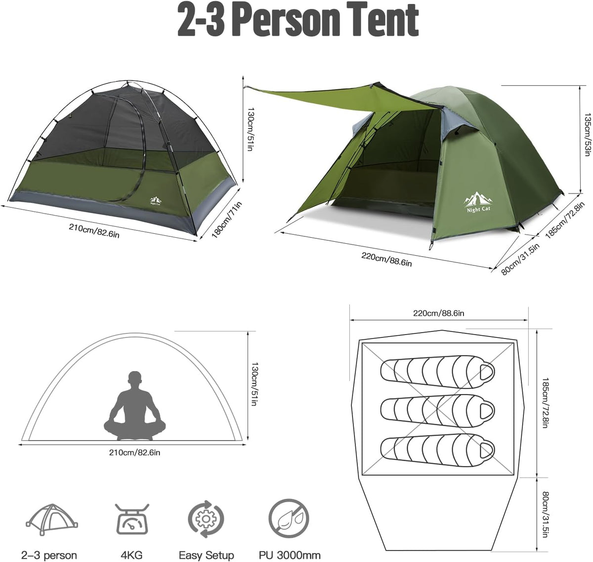 Night Cat Camping Tent 2 3 Persons with Porch Family Backpacking Tent Double Layers Waterproof Easy Clip Setup 7x6x4.3ft Porch Pole Not Inlcuded