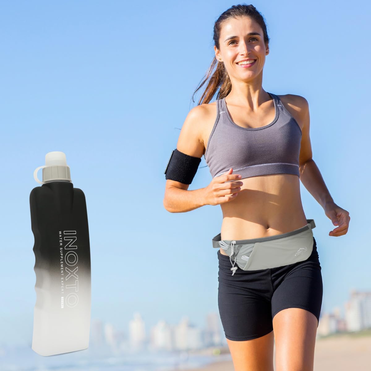 INOXTO Slim Running Belt Fanny Pack for Women and Men Sports Waist Bag Pack with 300ml Water Bottle for Running Walking Cycling Hiking Reflective Running Pouch Belt for All Phones (Black) (Gray)
