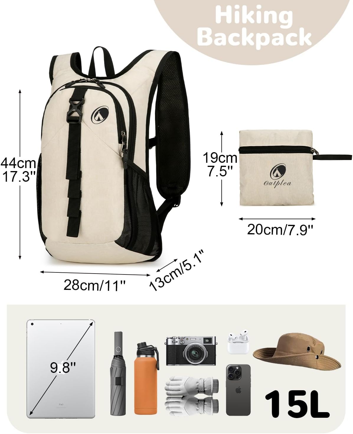 Folding Hiking Backpack with Phone Pocket for Men Women, Small Ultralight Packable Casual Daypack with Shoulder Chest Straps for Travel, 15L Foldable Lightweight Day Pack, Beige