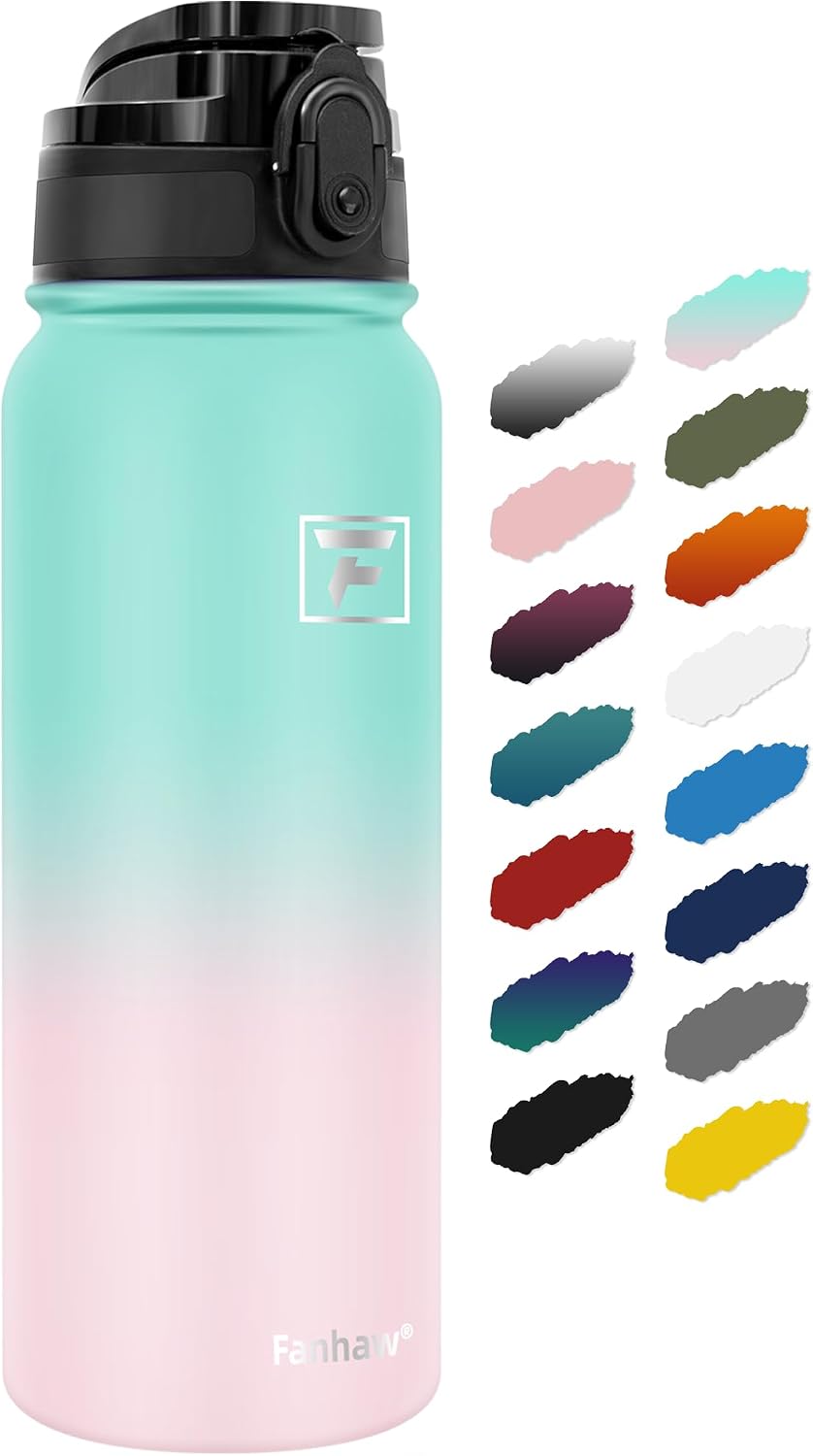 Fanhaw 20oz Insulated Water Bottle with Anti-dust Chug Lid, Green Pink