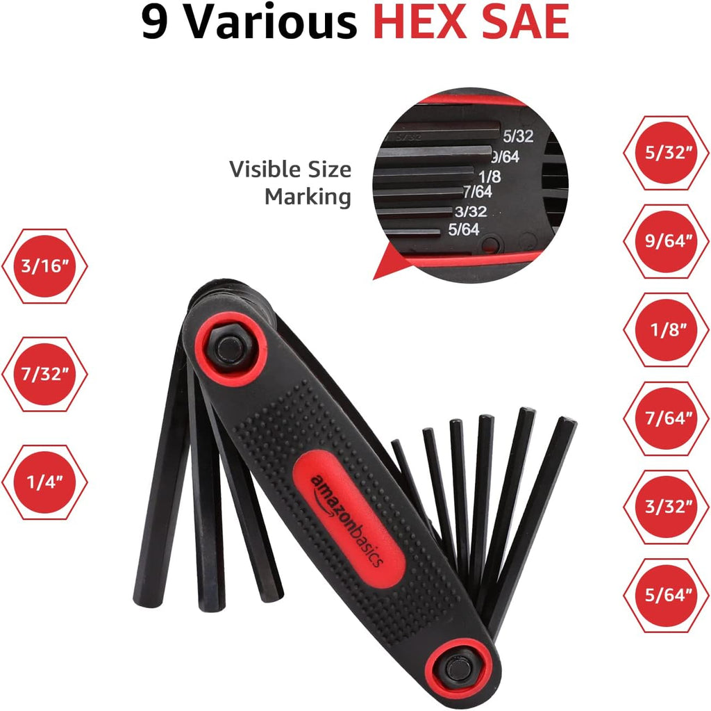 Amazon Basics Folding Hex Key Set, Metric, SAE, and Star Sizes, Chrome Vanadium Steel, 3-Pack