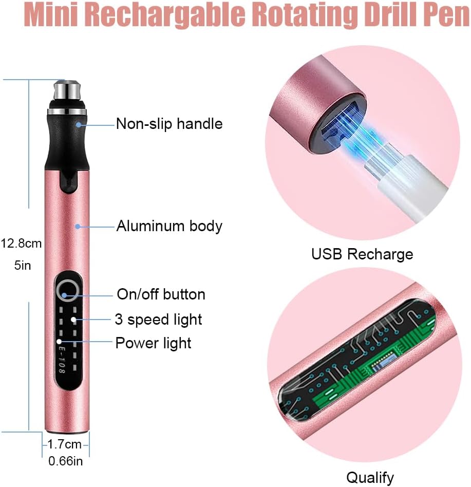 3-Speed Cordless Mini Drill Pen With 10 Small Drill Bits, Rechargeable Electric Hand Drill Pin Vise, Resin Drill Set For Jewelry Making, Resin, Plastic, Wood, Keychains DIY (PINK)