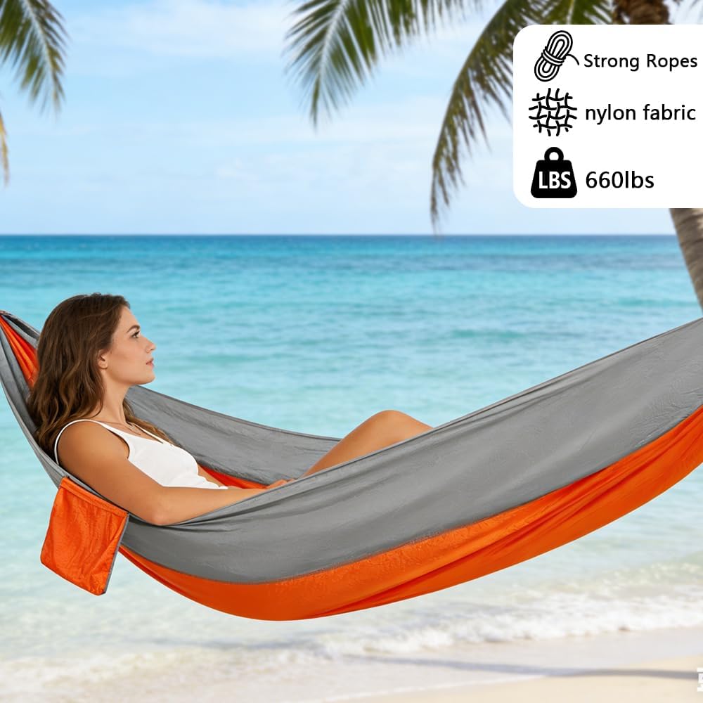 Camping Hammock, Portable Hammocks with Tree Straps & Attached Carry Bag, Travel Tree Hammocks for Outside Indoor Hiking Beach Backpack Travel(Orange, Nylon)