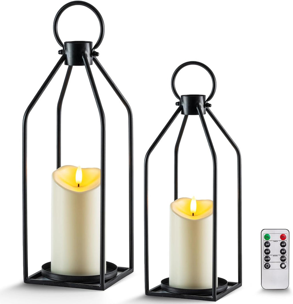 Homemory Modern Farmhouse Black Metal Lanterns 2PCS with Flameless Candle