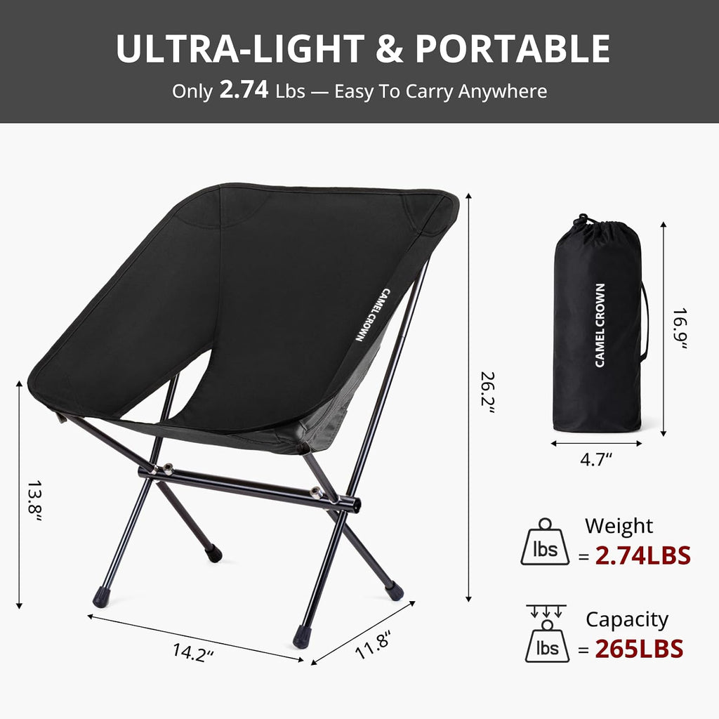 CAMEL CROWN Portable Camping Chair Lightweight Compact Folding Chair Mesh for Outdoor Camp Travel Beach Picnic Festival Hiking Backpacking (Black-1, 1 Pack)